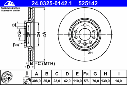 Диск тормозной передний вентилируемый ATE для Opel Astra H (2004-2009) / Meriva (2003>) С УЛУЧШЕННЫМИ ХАРАКТЕРИСТИКАМИ