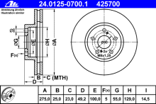 Диск тормозной передний вентилируемый ATE для Toyota Celica (ZT23#) (1999>) / Pontiac Vibe