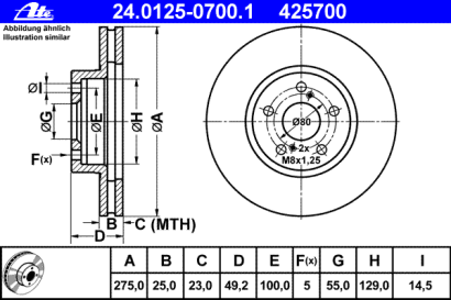 Диск тормозной передний вентилируемый ATE для Toyota Celica (ZT23#) (1999>) / Pontiac Vibe