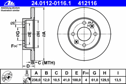 Диск тормозной передний не вентилируемый ATE для Renault Clio / Megane / R19 / R21 238x12x4