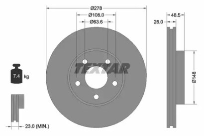 Диск тормозной передний вентилируемый Textar для Ford Focus C-Max / Focus II / Volvo S40 / V50 04> 15" 278мм