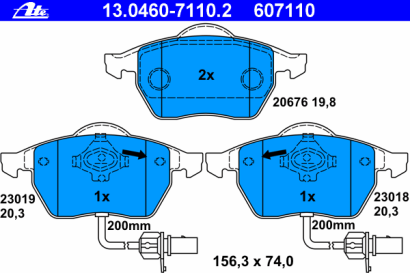 Колодки тормозные передние комплект ATE для Audi A4 95> / A6 97> / Passat B6 156.3x74x20.3ММ / ATE / с датчиком